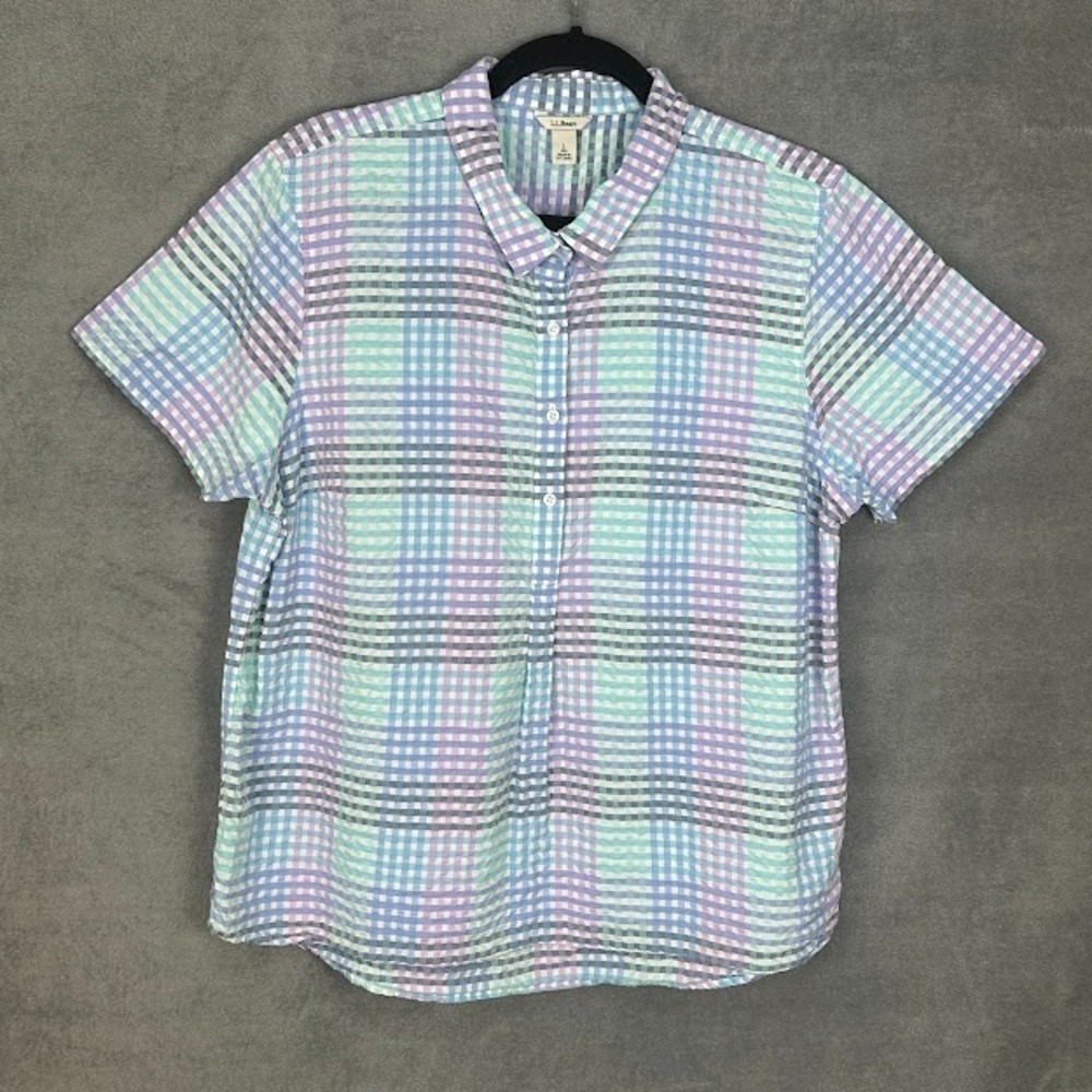 LL Bean Vactionland Seersucker Shirt Womens Large Purple Short Sleeve Popover
